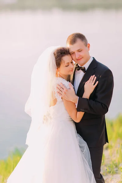 快乐拥抱新婚夫妇的垂直特写. — 图库照片