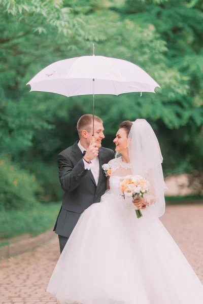 The emotional portrait of the cheerful newlyweds walking under the umbrella in the spring park. — Stock Photo, Image