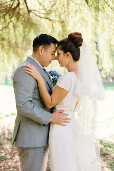 Жених и невеста в сером костюме нежно обнимают друг друга стоя. — стоковое фото