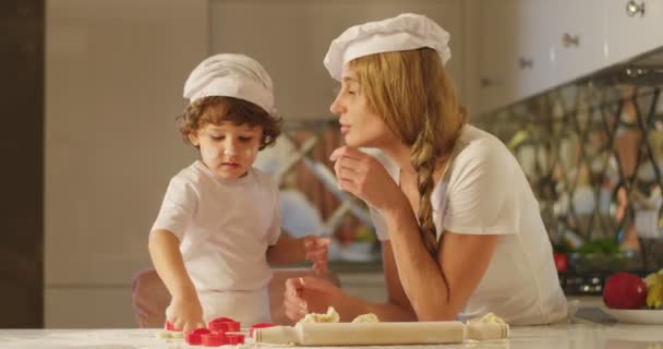 Härlig komposition av mor och son bakning cookis på köket. Den lilla charmiga pojken målning näsan av sin mor med mjölet. — Stockvideo