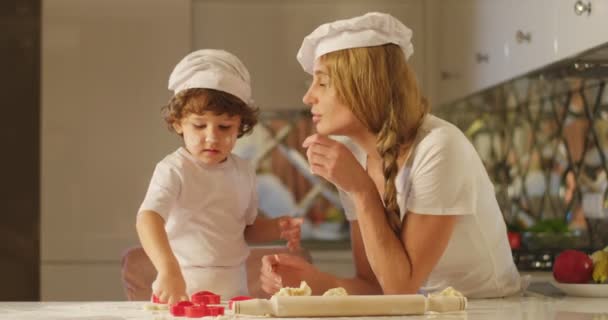 Belle composition de la mère et le fils de cuisson de la cuisine. Le petit garçon charmant peint le nez de sa mère avec la farine . — Video