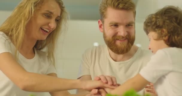 Retrato de cerca de la familia alegre poniendo las manos sobre la otra mano que simboliza la unidad . — Vídeos de Stock