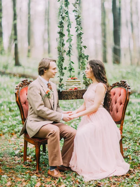The close-up portrait of the holding hands newlyweds and sitting on the stylish soft chairs between the hanging stump with the green strawberry cake on it. The forest composition. — Stock Photo, Image