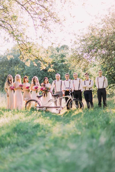 The wedding composition if the newlyweds, bridesmaids and best men behind the white bicycle in the middle of the sunny green forest. — Stock Photo, Image