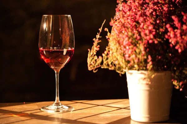 Pohár bor forgalomba egy fából készült asztal mellett a virágcserép. — Stock Fotó