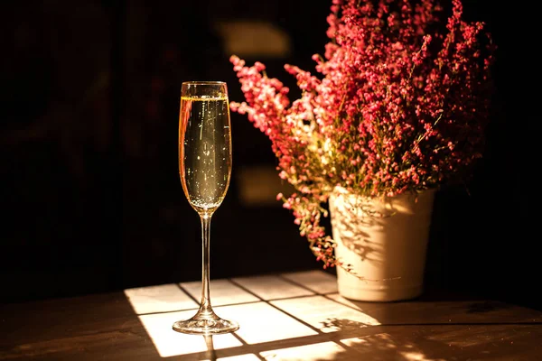 Verre de champagne placé près du pot de fleurs sur une table en bois dans une cave à vin . — Photo