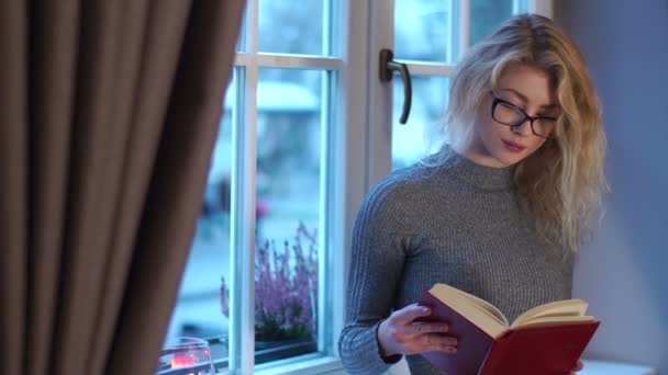 Portrait à mi-longueur de la jolie fille intelligente portant des lunettes et lisant le livre près de la fenêtre. Elle regarde par la fenêtre. . — Video
