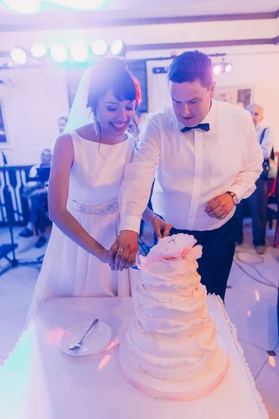 Feliz casal recém-casado está cortando sua primeira parte do bolo de casamento . — Fotografia de Stock