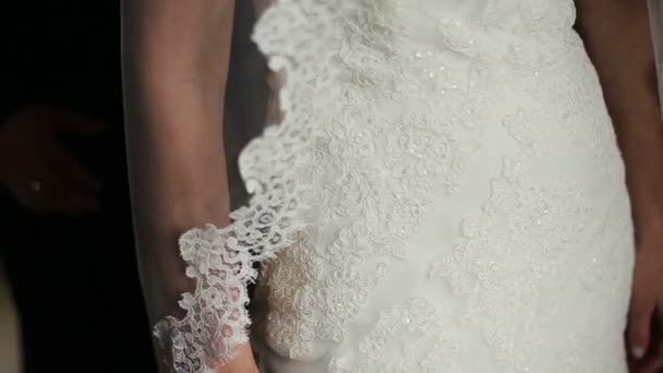 Groom tenderly holding the fragile waist of bride close up — Stock Video