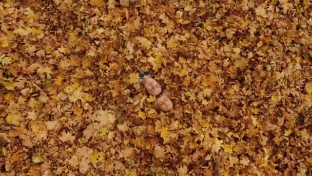 Regardez d'en haut l'homme et la femme couchés sous des feuilles dorées tombées — Video