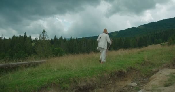 De wandeling van de oude reiziger in oude kleren langs de mooie groene bergen tijdens het slechte weer. Hij leunt op zijn stok. — Stockvideo