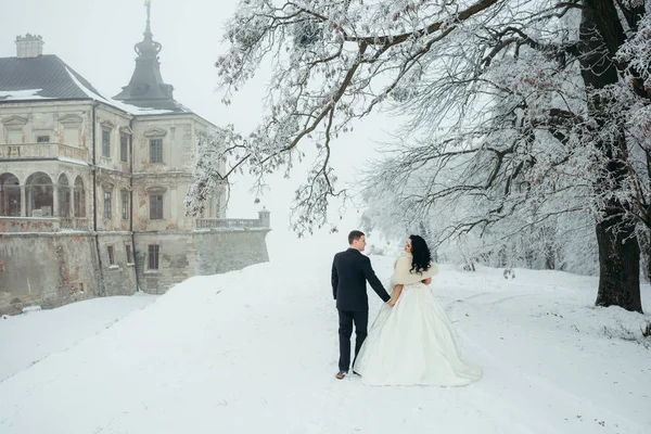 The full-length back view of the beautiful newlywed couple holding hands while walking along the snowy path near the old house. — Stock Photo, Image