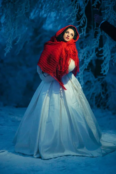 Retrato completo da noiva misteriosa envolta no lenço de malha vermelho à noite. Hora de Inverno . Fotos De Bancos De Imagens Sem Royalties