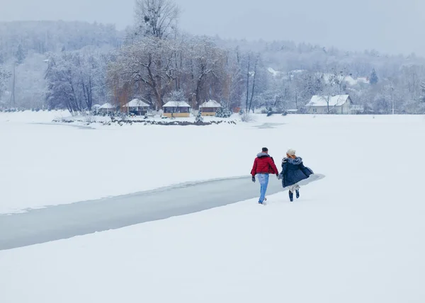 Fullängds bakifrån det kärleksfulla paret höll händer och promenader längs snöiga landskapet under snöfallet. — Stockfoto