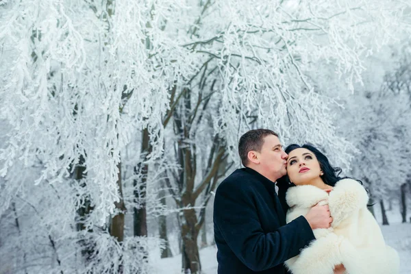 Horizontal portrait of the handsome groom softly kissing bride in head while both are looking at the sky. Winter forest location. — Stock Photo, Image