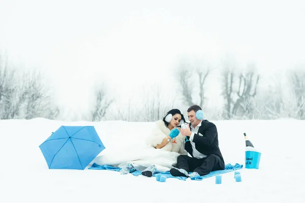 Joyful time spending of happy newlyweds clinking glasses while sitting on the plaid during their winter picnic in blue colours on the snowy meadow. — Stock Photo, Image