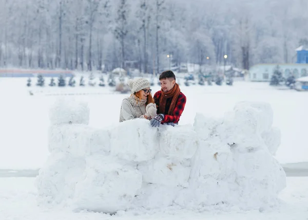 Loving Couple Funny Talking Laughing Snow Wall Winter Village Happy Beautiful Horizontal. — Stock Photo, Image