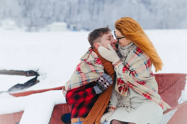 Couple Lovers Sensitive Stroking Cheek Sitting Boat Snowfall Winter Christmas Wrapped Plaid. — Stock Photo, Image