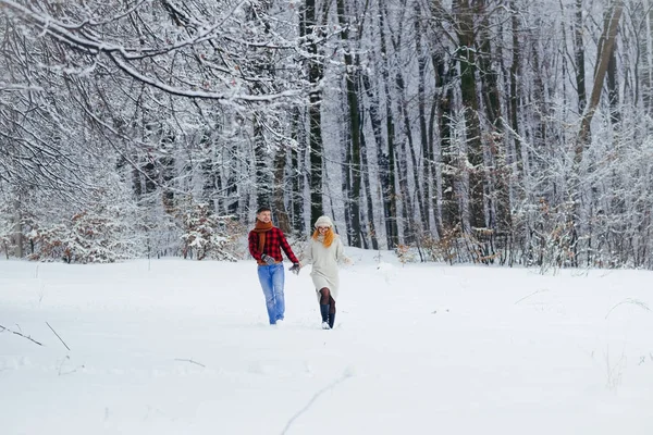 Ολόσωμο θέα το αξιολάτρευτο αγάπη ζευγάρι κρατώντας τα χέρια και ευτυχώς τρέχει κατά μήκος στο χιονισμένο δάσος. — Φωτογραφία Αρχείου