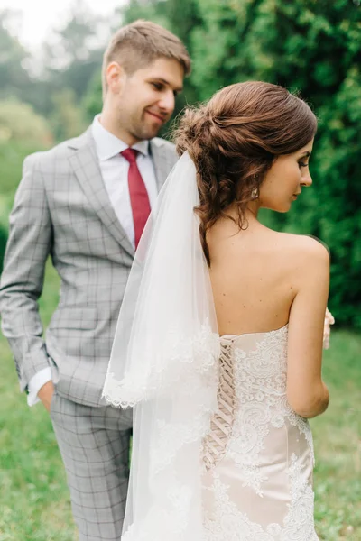 Novio en elegante traje gris admira novia bonita — Foto de Stock