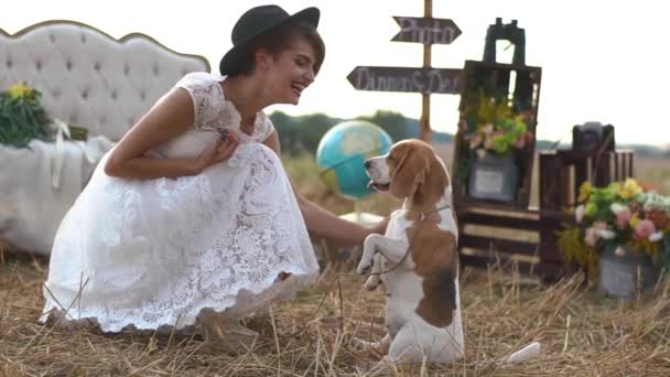 O retrato de close-up lateral da noiva vestida moderna brincando com o cão no fundo da composição vintage consistia nos móveis antigos, flores e globo. A localização do campo . — Vídeo de Stock