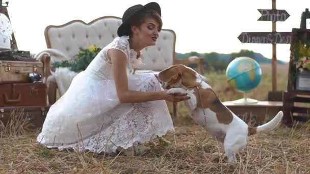 La belle femme en robe blanche et chapeau noir joue avec le petit chien dans le champ. Le fond est plein de valises vintage. globe, plaques et meubles en bois . — Video