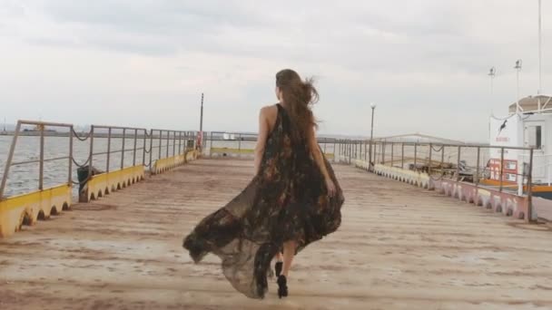 Het achteraanzicht van het meisje wandelen op de pier. — Stockvideo
