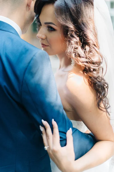 Подивіться ззаду на елегантну наречену, обіймаючи свого нареченого синім — стокове фото