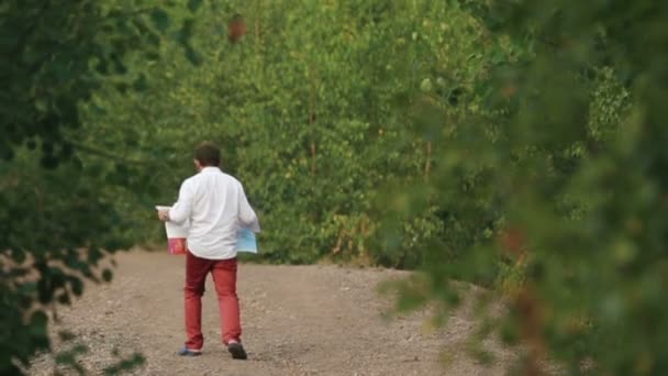 La vista posteriore da elicottero sul viaggiatore perso cercando di trovare la strada utilizzando la mappa. Posizione della foresta . — Video Stock