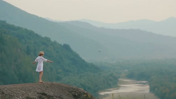Вид з дрона на чарівного мандрівника, що кружляє по краю гір. Красивий краєвид річки в оточенні лісів . — стокове відео