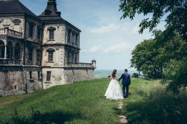 Yürüyen yeni evli çift yeşil çayır boyunca el tarafından eski kale yakınında. Güzel doğa manzarası. Çiftin arkadan görünüm.