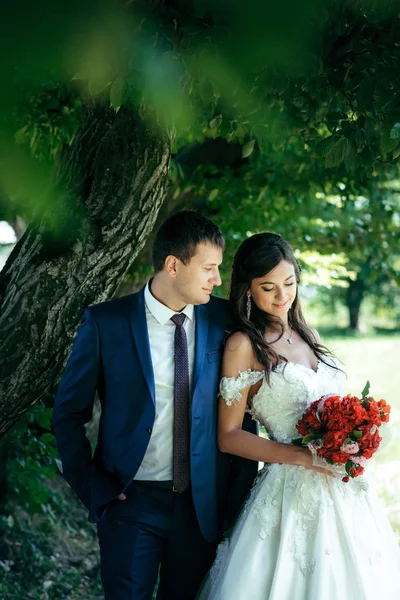 Sensible retrato al aire libre de los magníficos recién casados abrazándose bajo el árbol. La novia morena sonriente sostiene y mira el ramo de flores rojas y rosas de la boda . —  Fotos de Stock