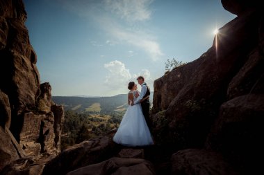Arkadan görünüşü buzlu sarılma çekici genç yeni evliler. Manzara arka plan, damat usulca güzel gelin yanağını okşayarak.