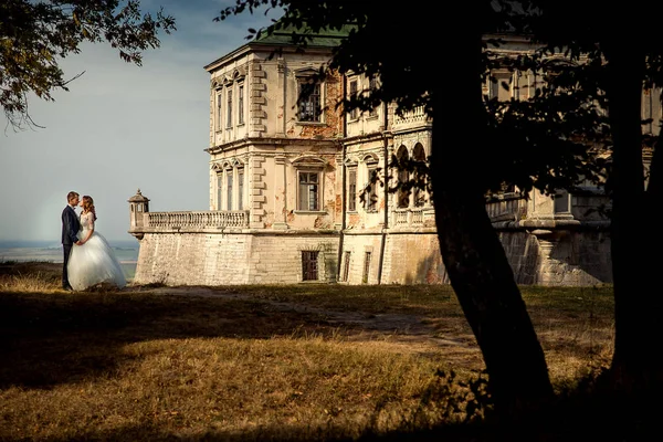 Romantico ritratto di nozze all'aperto della splendida coppia di sposi che si tiene per mano e strofina dolcemente il naso vicino al vecchio castello . — Foto Stock