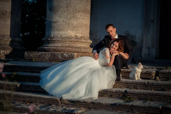 Schöne lächelnde Braut lehnt auf den Beinen des Bräutigams, während sie auf der alten Burgtreppe mit lieblich flauschiger weißer Katze sitzt. — Stockfoto