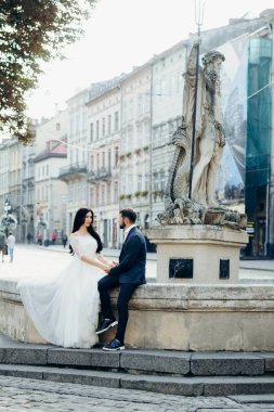 Tam uzunlukta düğün portre muhteşem yeni evli çiftin güneşli gün boyunca havuzun üzerinde otururken el ele tutuşarak.