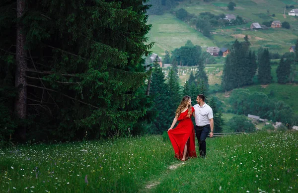 Caminhe do elegante e elegante casal amoroso abraço ao longo do caminho no prado florescente nas montanhas verdes . — Fotografia de Stock