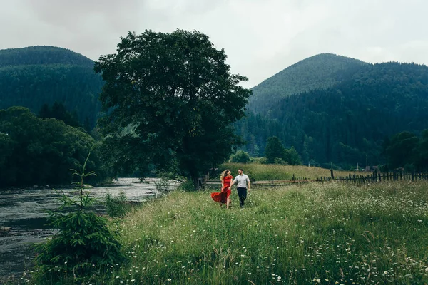 Alegre joven pareja amorosa está cogida de la mano mientras camina activamente a lo largo del prado de manzanilla cerca del río en las montañas cubiertas de árboles . —  Fotos de Stock