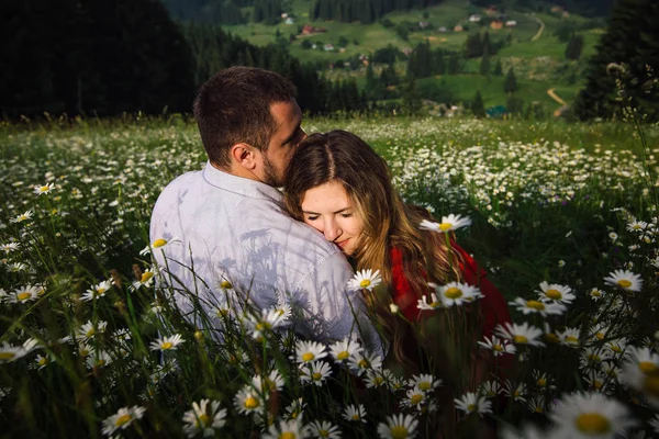 Retrato romântico sensual. A menina loira muito macia está abraçando com seu namorado enquanto se senta no prado de camomila florescente. Bela paisagem . — Fotografia de Stock