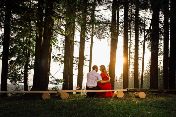A vista traseira do encantador casal feliz olhando um para o outro enquanto sentado no banco na floresta durante o pôr do sol . — Fotografia de Stock