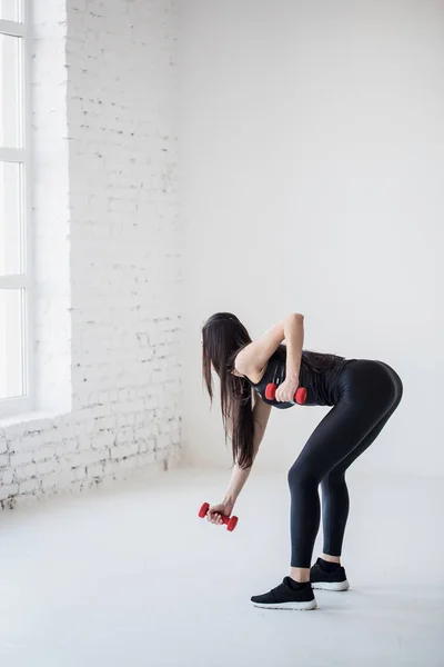 La vue arrière de la belle femme sportive faisant des exercices de mains avec des haltères tout en se penchant près de l'énorme fenêtre . — Photo