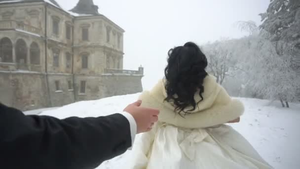The back view of the cheerful newlywed couple holding hands. The groom is following the attractive smiling bride running away along the winter field near the old house. — Stock Video