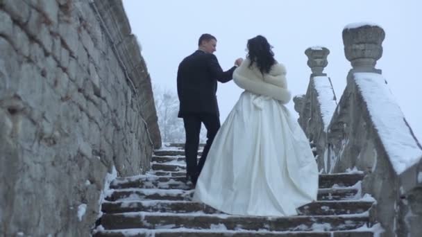 Rückansicht des stilvollen Brautpaares Händchen haltend, während es die alte verschneite Burgtreppe hinauf geht. In der Mitte reiben sie sich zärtlich die Nase. — Stockvideo