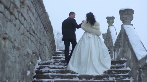 Vista trasera de la elegante pareja de recién casados tomados de la mano mientras suben las viejas escaleras nevadas del castillo. En el medio se frotan tiernamente las narices . — Vídeos de Stock