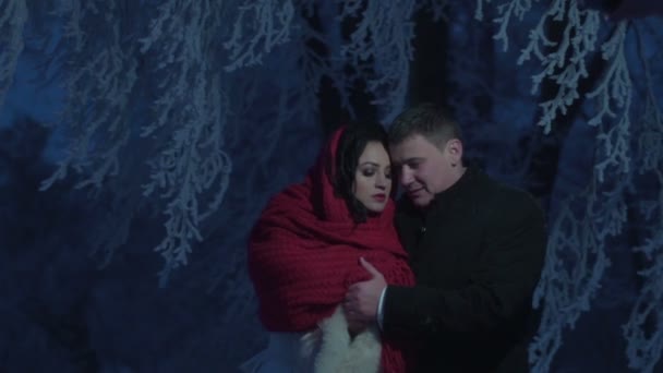 夜の冬の結婚式の肖像画。美しい新婚夫婦は優しく抱き締めると、鼻をこすりします。若い魅力的なブルネットの花嫁は赤いニット スカーフに包まれて. — ストック動画