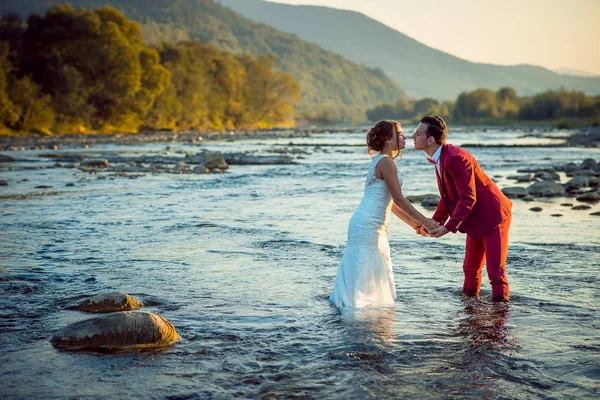 Retrato ao ar livre romântico dos belos recém-casados de mãos dadas e indo para beijar enquanto está na água durante o pôr do sol . — Fotografia de Stock