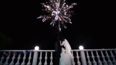 Gece havai fişek zevk mutlu öpüşme yeni evliler arkadan görünüm.