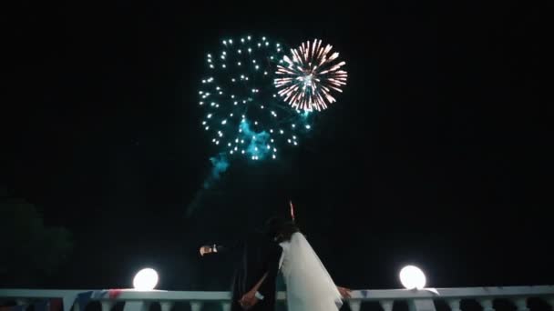 La vista posteriore della bella coppia di sposi che si gode i fuochi d'artificio durante la cerimonia nuziale . — Video Stock