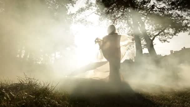 Volledige weergave van de charmante vrouw dansen en wiegende ronde met de sjaal in de mist. Locatie van forest. — Stockvideo
