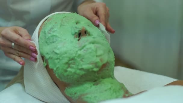 Vista de perto das mãos do médico fazendo a máscara facial para a mulher no spa . — Vídeo de Stock